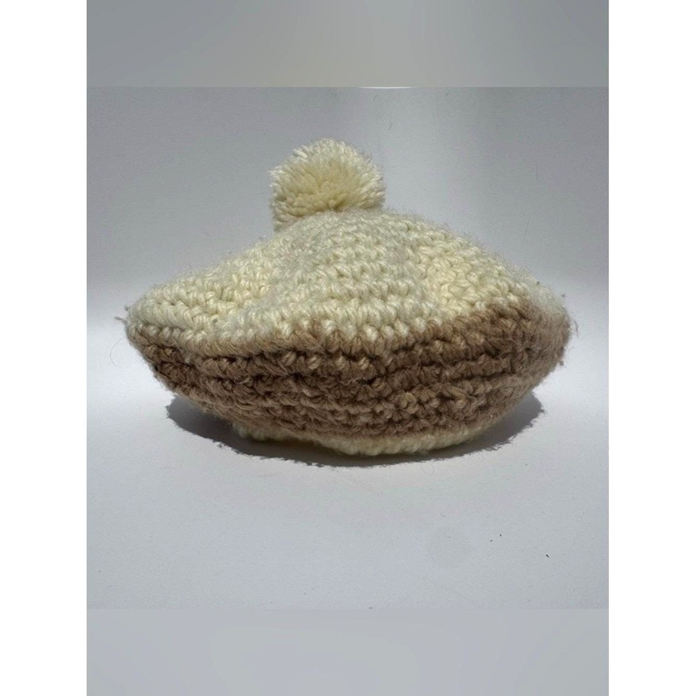 Beret Vintage 1970s Handmade Chunky Knit Pom Pom Cream Taupe Wool Soul